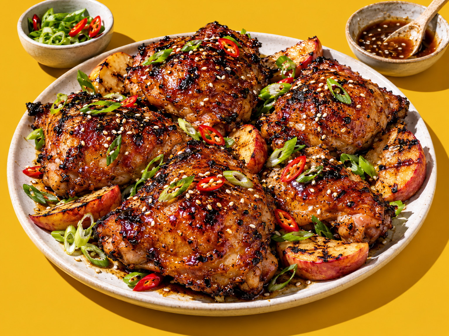 Sticky miso-toffee apple chicken thighs ready to serve